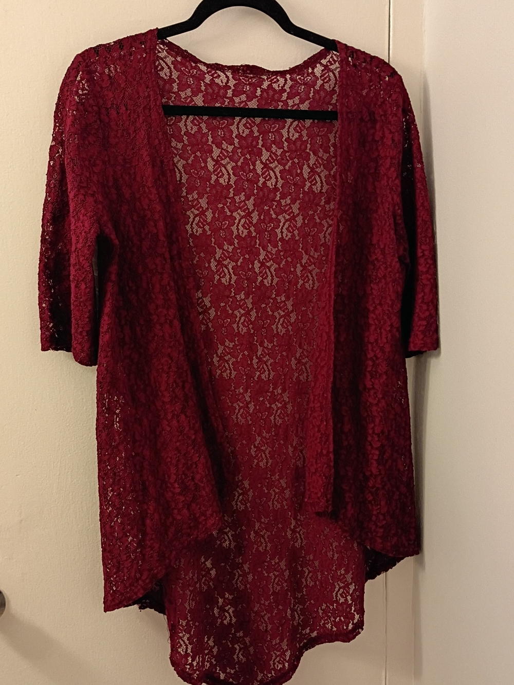 Sheer Floral Embroidered Lace Maroon Open Front Long Cardigan 3/4 Sleeve Size M